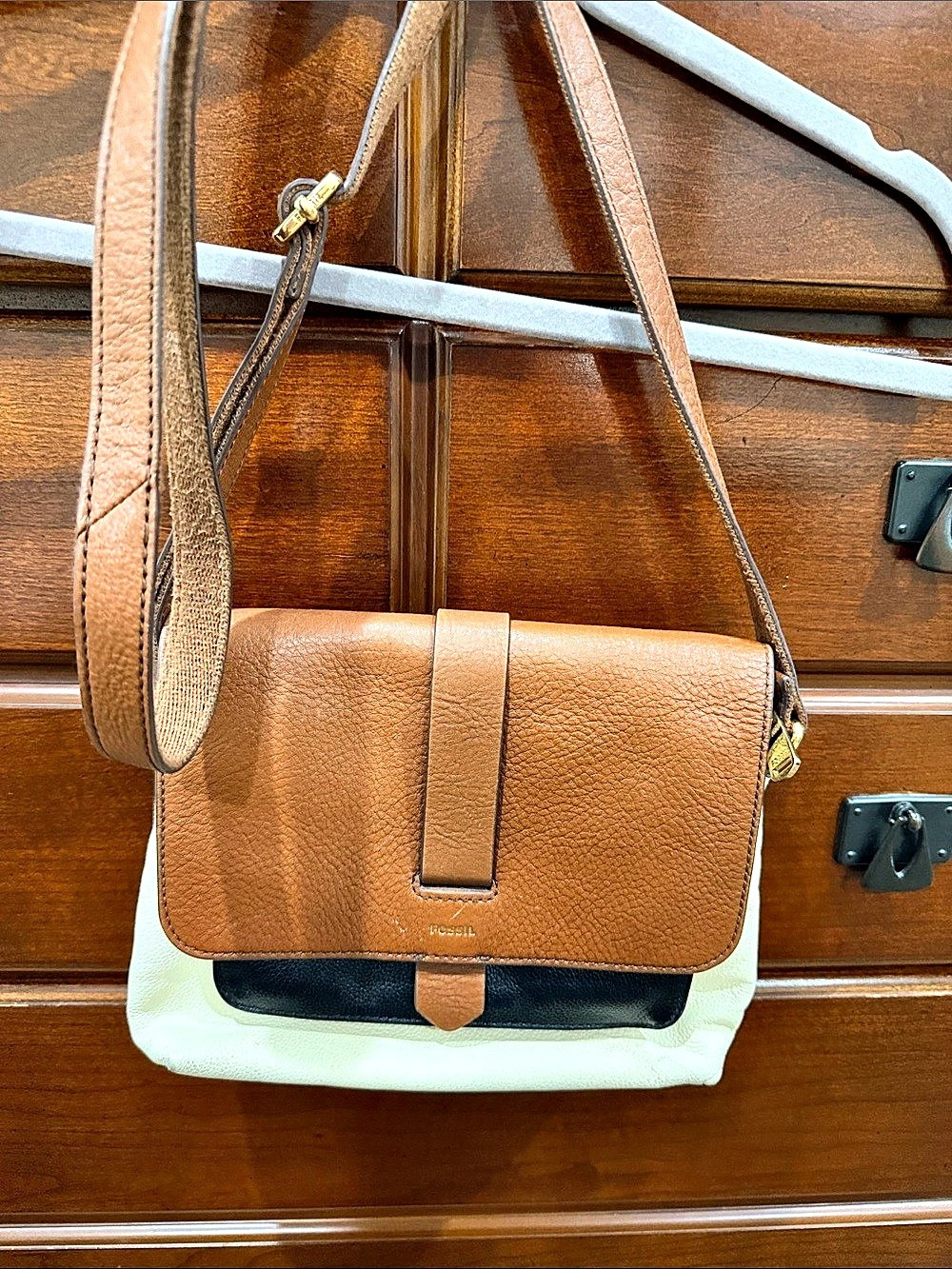 Fossil Leather-Look Shoulder Bag in Brown & Cream